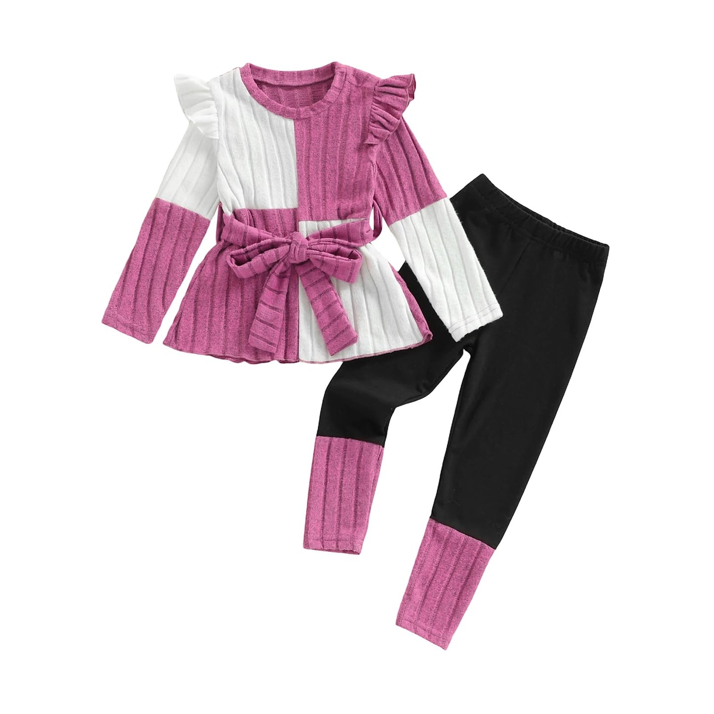 NANCHNEGGU 3PCS Toddler Baby Girl Ruffles Sleeves Knitting Shirt Tunic Top + Color Block Legging Pants + Belt Sets (Pink Black,