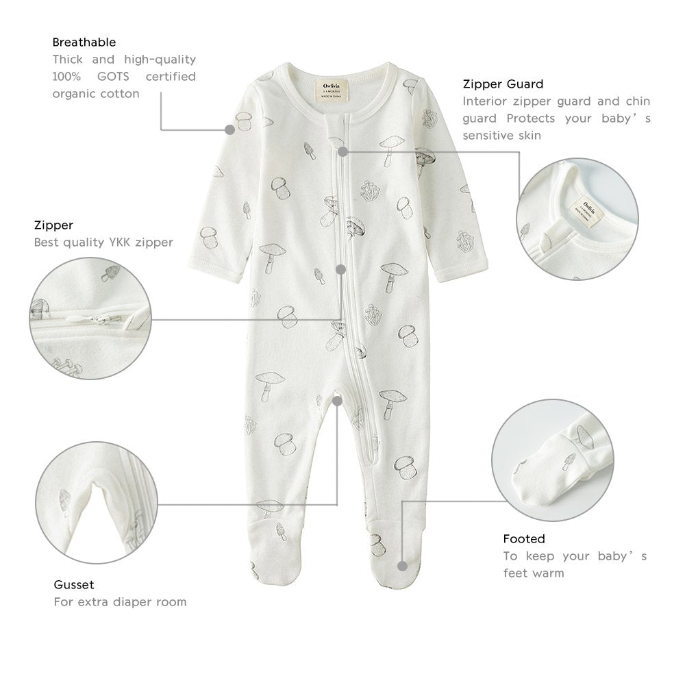 Owlivia Organic Cotton Baby Pajamas, Boys Girls Zip Front Sleep 'N Play, Footed Sleeper, Long Sleeve(0-3 Months, Grey Leaf)