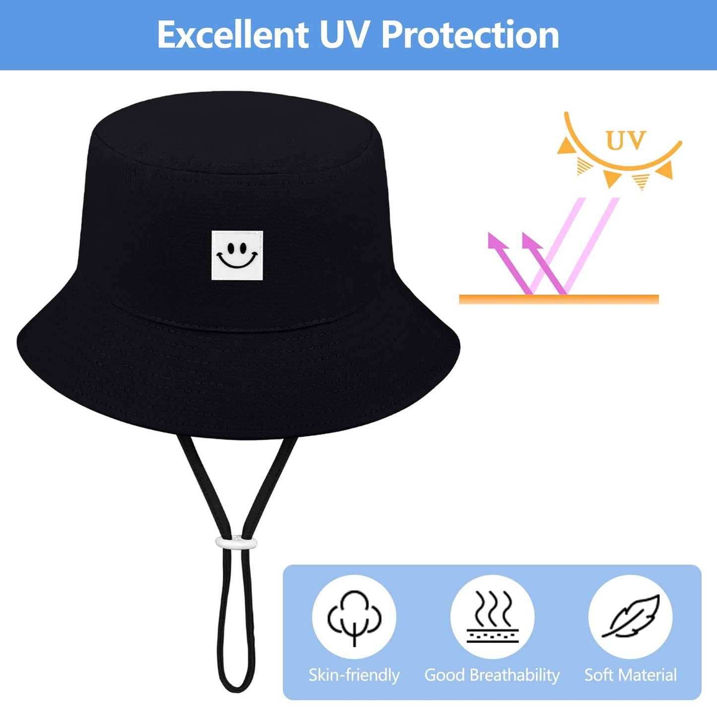 Cooraby 4 Pack Baby Sun Hat Breathable Smile Bucket Hat Toddler Sun Protective Bucket Hat Adjustable Cap For Baby Girl Boy (0-6