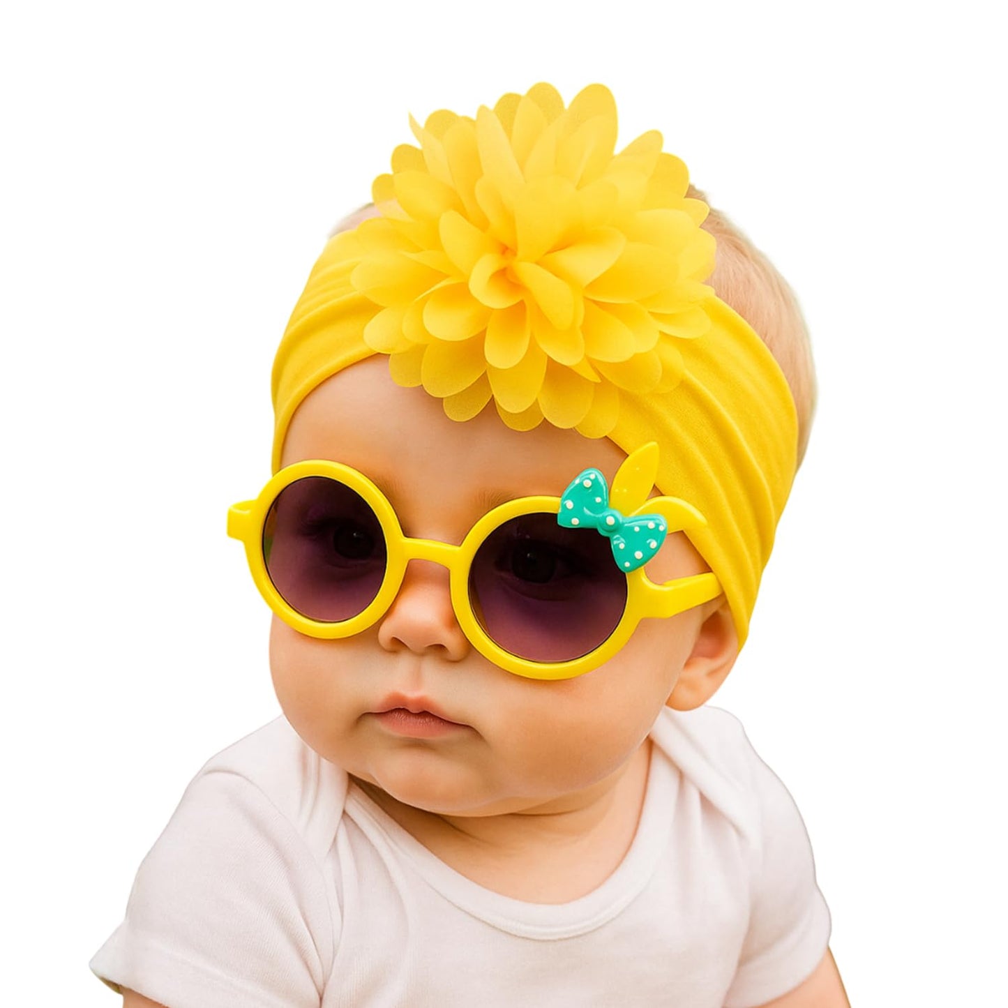 Syga Baby Flower Stretchable Headband With Uv Protection Eartie Sunglasses Stylish Combo For Toddlers And Kids (Yellow)