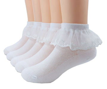 Xiyadun 5 Pairs Toddler Baby & Child Girls Ruffle Lace Ankle Cotton Dress Socks (L For 7-11 Years, Eyelet White)