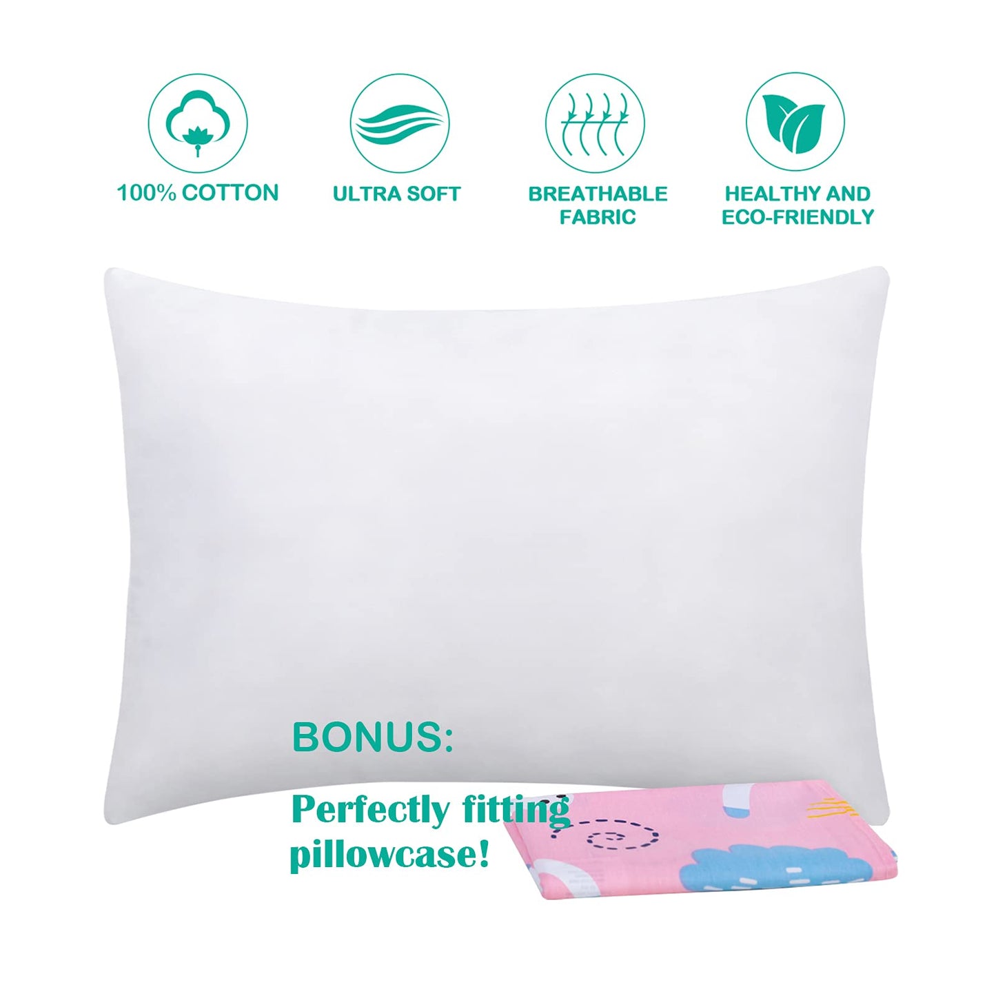 Cottonblue Toddler Pillow Set With Organic Cotton Pillowcase, Pink Unicorn, 14X19 Inches, Machine Washable