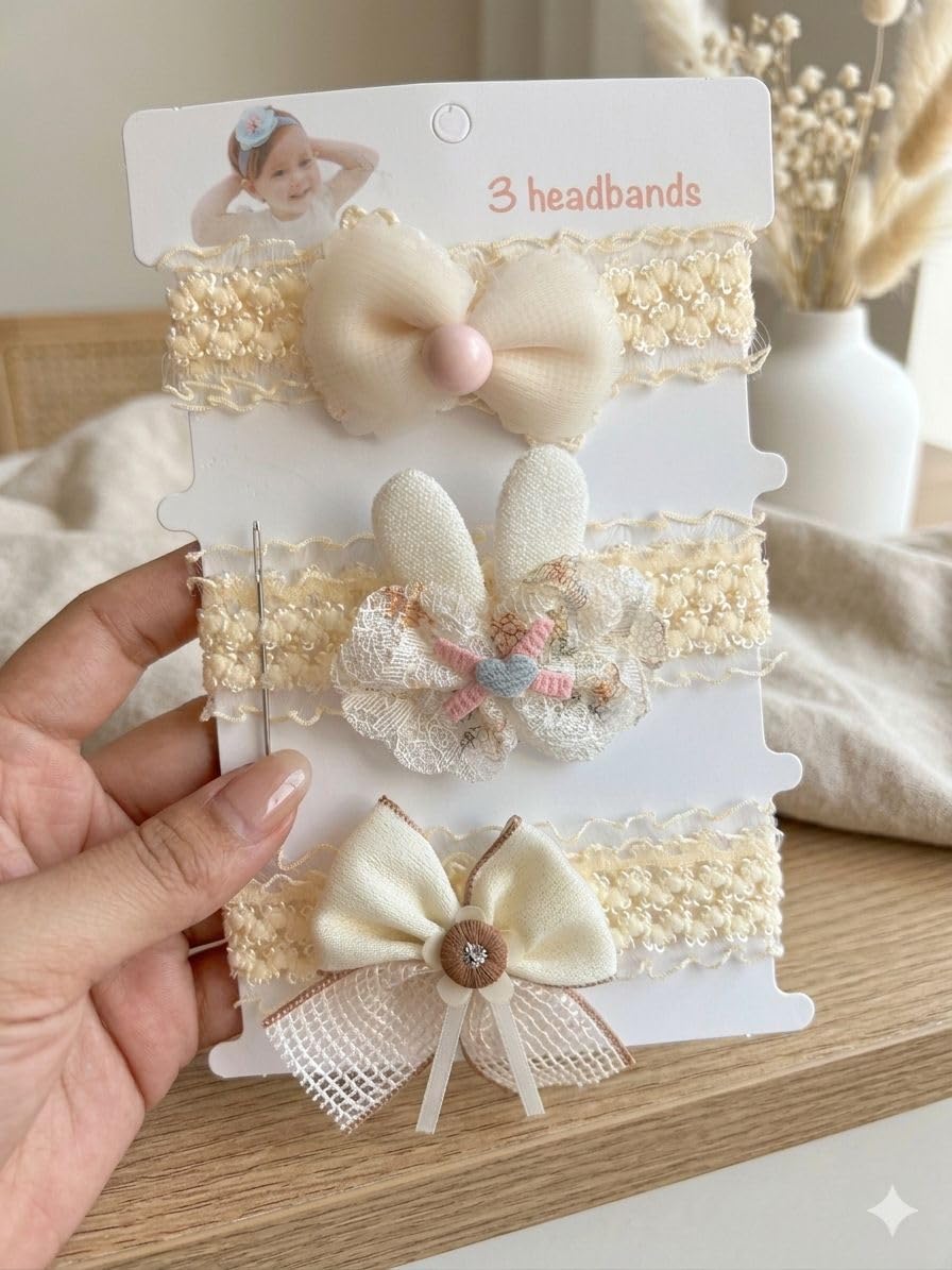 Hair Sparkles Baby Girl Lace Headband Set, Cream, Bow And Bunny Ear Design, Pack Of 3