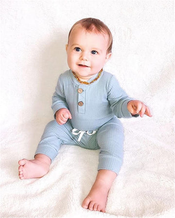 Newborn Baby Boys Girls Ribbed Romper Bodysuit Pants Sets Infant Solid Color Fall Winter Clothes Sets 0-24 Months (Blue, 0-3 Mon