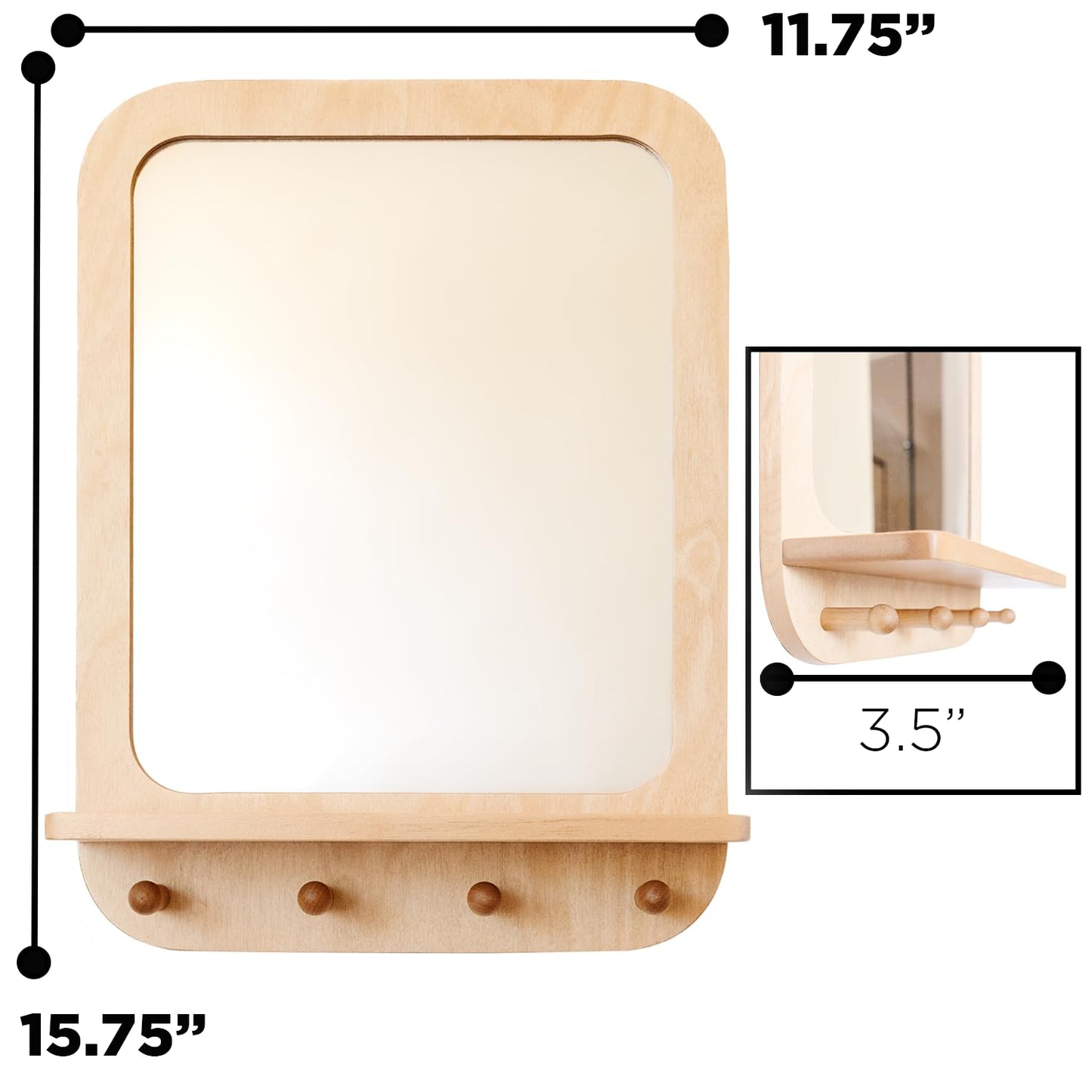 Montessori Wooden and Acrylic Wall Mirror with Hooks for Toddlers - Entryway Mirror with Hooks and Shelf Organizer Self-Care Sta