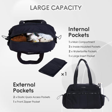 Gobabymart Large Diaper Bag Tote With Changing Pad, Maternity Baby Travel Bag, Hospital Nappy Bags With Wet Pocket (Black)