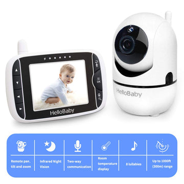 Hellobaby Video Baby Monitor With Remote Camera Pan-Tilt-Zoom, 3.2'' Color Lcd Screen, Infrared Night Vision, Temperature Displa