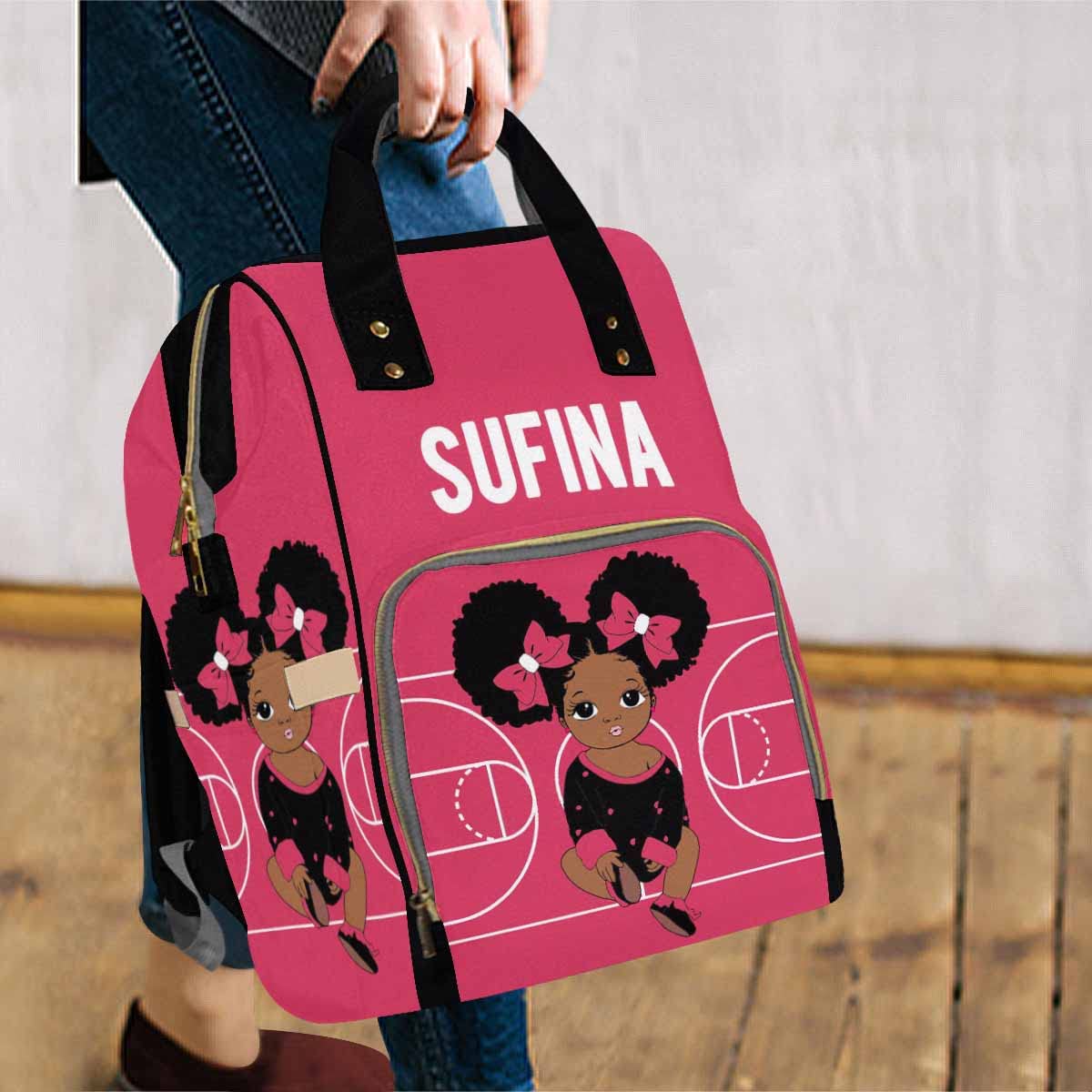 Artsadd Custom Diaper Backpack With Thermal Pockets, White And Pink Travel Backpack Customized Baby Bags With Name Personalized