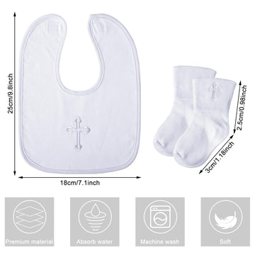 Jiuguva 4 Pcs Baptism Bibs And Socks Set Christening Bib For Baby White Embroidered Cross Baptism Outfit For Boy Girl (6-12Month