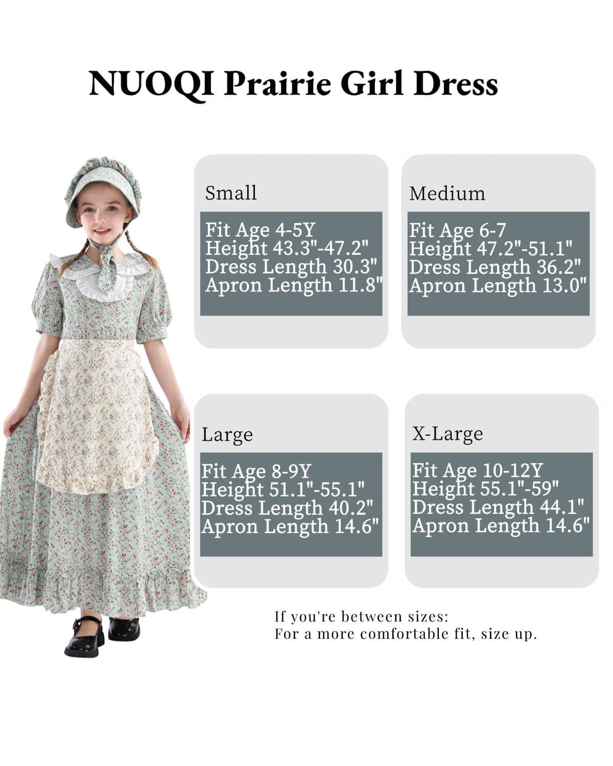 Nuoqi Prairie Dresses For Girls, Green Laura Ingalls Wilder Costume Pioneer Colonial Dress With Yellow Apron, 8-9