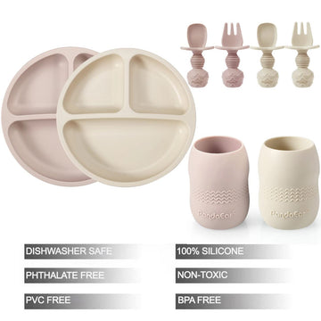 Pandaear Silicone Baby Feeding Set, 2 Pack - Divided Suction Plate, 2 Tiny Cup With Spoons, Bpa Free, Light Tan/Pink