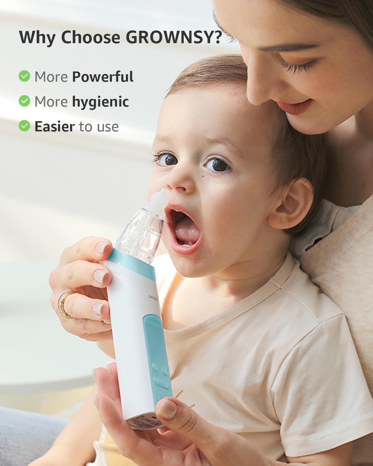 Grownsy Nasal Aspirator For Baby With Protection Mode, Electric Nose Suction For Baby, Automatic Baby Nose Sucker With 3 Silicon