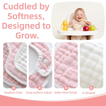 Mukin Baby Muslin Bibs And Burp Cloths, 6 Pack, Soft Absorbent Cotton, Adjustable (Gradient Pink)