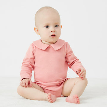 Pureborn Baby Girls Bodysuit Long Sleeve Cotton Peter Pan Collar Romper Spring Fall One-Piece Outfit Dusty Rose 9-12 Months