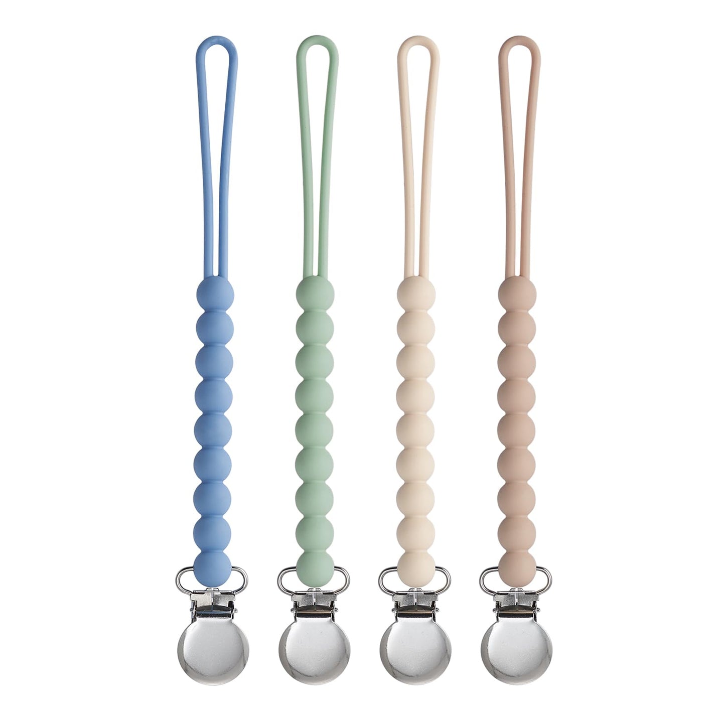 Pacifier Clip for Boys Girls - MORIBOX 4 Pack Paci Clip Soothie Baby Binky Holder for Shower Gift Birthday (Beige+White+Lpink+Lg