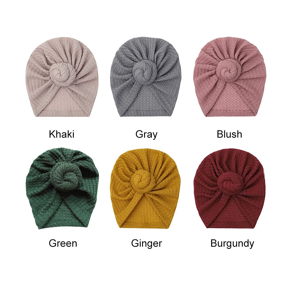 Jiahang Baby Donut Knotted Bow Hat, Waffle Knit Turban Head Wrap, Unisex Baby Beanie India Cap For Infants Toddlers Girls 6 Pcs