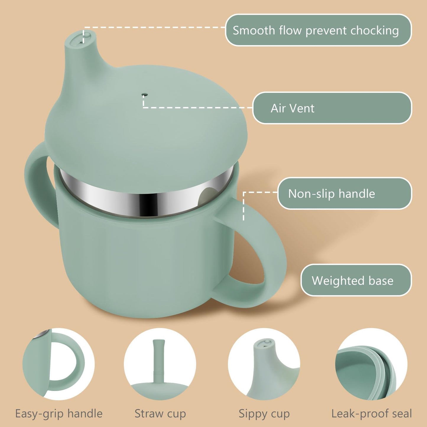 Esofficce Baby Sippy Cups, 7.4 Oz Stainless Steel Training Cup With Silicone Straws, 3 Stages For Infants Toddlers 6-12 Month An