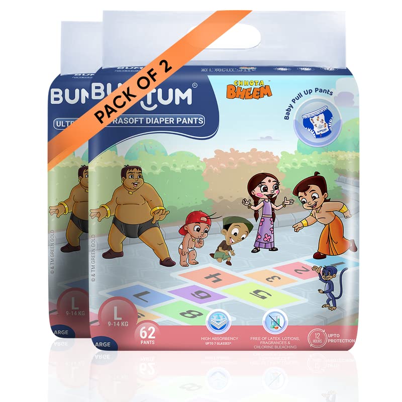 Bumtum Chota Bheem Baby Diapers | Pant Style Baby Diapers Large Size, 124 Count | Double Layer Leakage Protection Infused With A