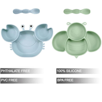 Pandaear 2 Pack Silicone Suction Plates For Baby, Divided Unbreakable Toddler Plate With 2 Pack Spoons For Self Feeding, Babies