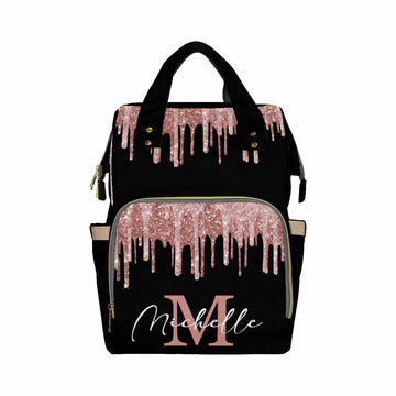 Artsadd Personalized Diaper Bag With Name, Customized Black Pink Glitter Nappy Backpack With Thermal Pockets Handbag Shoulder Ba