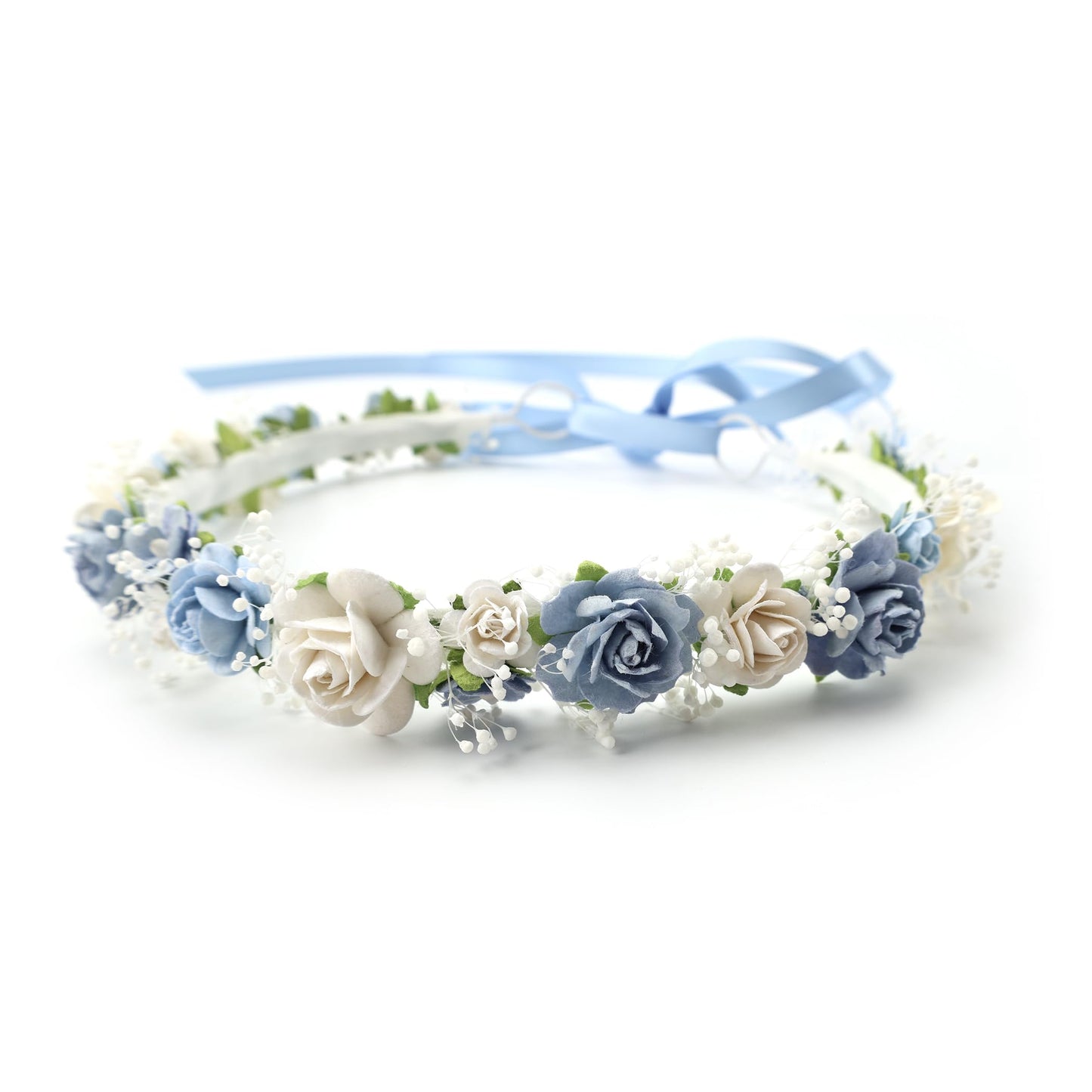 PoshMyra Dusty Blue Flower Girl Crown with Baby's Breath Children Baby Headpiece Young Girl Floral Hair Wreath Rustic Wedding Ha