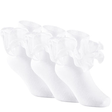 Yepami 3 Pairs Girls Ruffle Socks Big Double Lace Frilly Trim Dress Socks (White, Large, 8_Years)