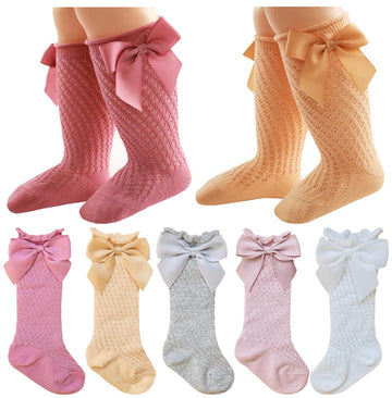 Qandsweet Baby Girl Knee-High Socks Toddlers Bow Stockings Newborn Infant Sock (0-12 Months,Hollow-5 Pairs)