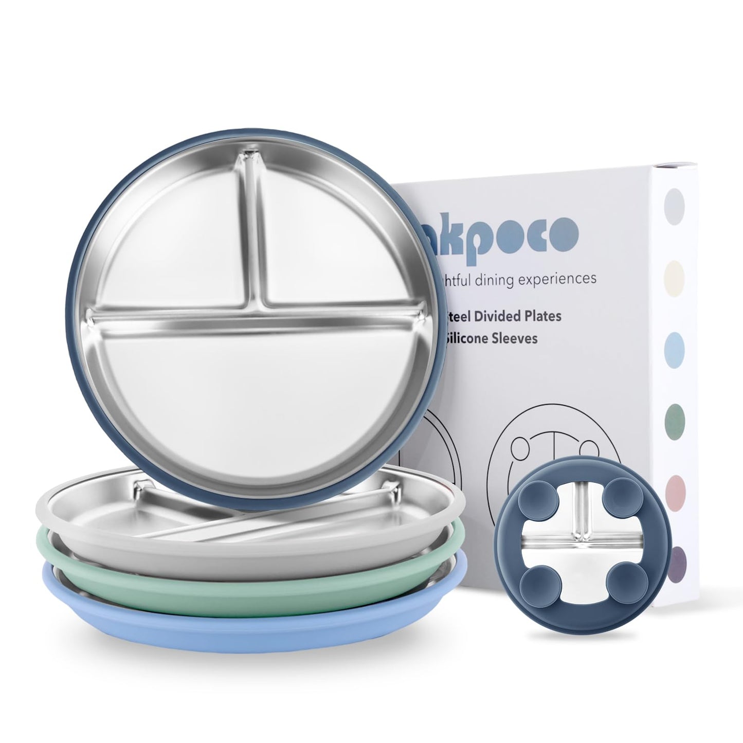 Bakpoco Stainless Steel Toddler Plate with Suction, 8 Divided Plates with Removable Silicone Sleeves for Baby, Non Toxic Unbr