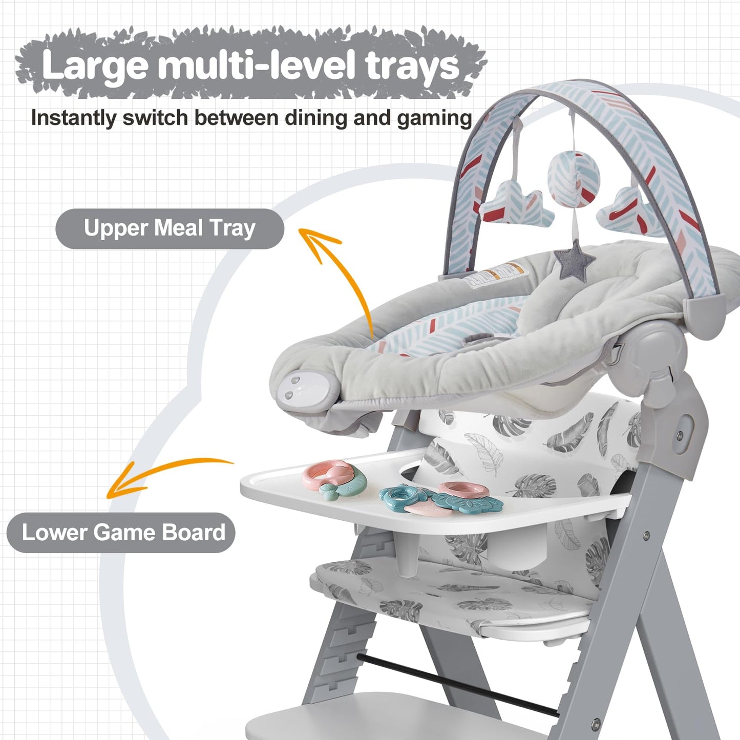 Wooden High Chair With Baby Bouncer - Convertible Baby Highchair With Tray - Adjustable High Chair For Babies/Toddlers/6 Months