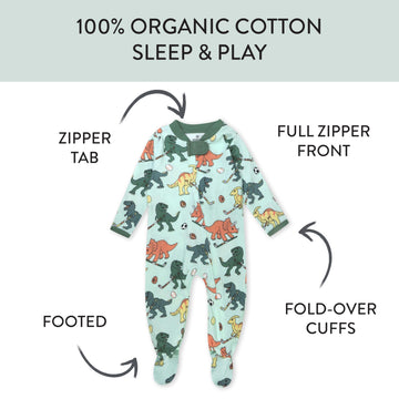Honestbaby Baby Celebration Sleep & Play Footed One-Piece Pajama Sleeper 100% Organic Cotton, Dino Mite Athlete Eggs