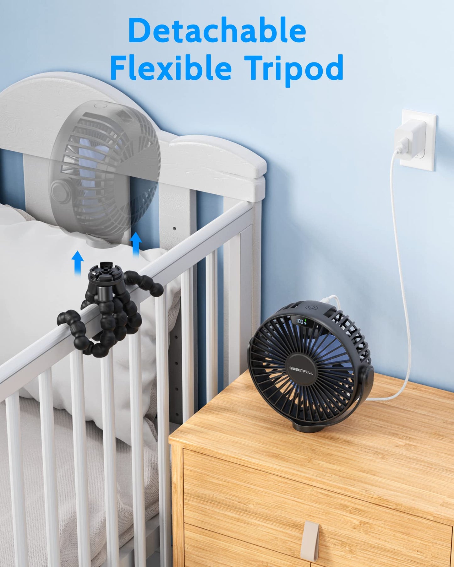 Sweetfull Portable Stroller Fan With Led Display 4000Mah Battery Powered Mini Clip Fan, 4-Speed Rechargeable Small Personal Fan