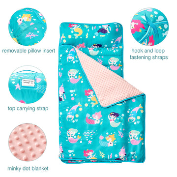 Beeweed Toddler Nap Mat, Rollup Design Kid Sleeping Mat With Removable Pillow & Minky Blanket, Toddler Sleeping Bag For Daycare