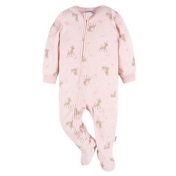 Gerber Toddler Baby Girls Flame Resistant Fleece Footed Pajamas 2-Pack, Pink Brown Deer