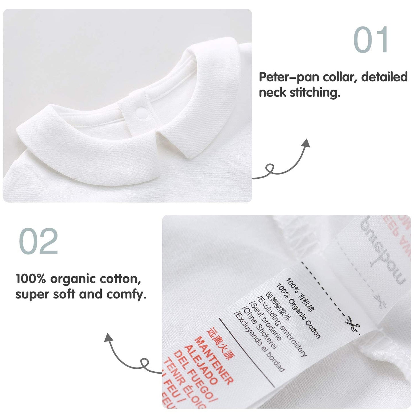 Pureborn Baby Boys Organic Cotton Bodysuit Peter Pan Collar Infant Long Sleeve White 6-9 Months