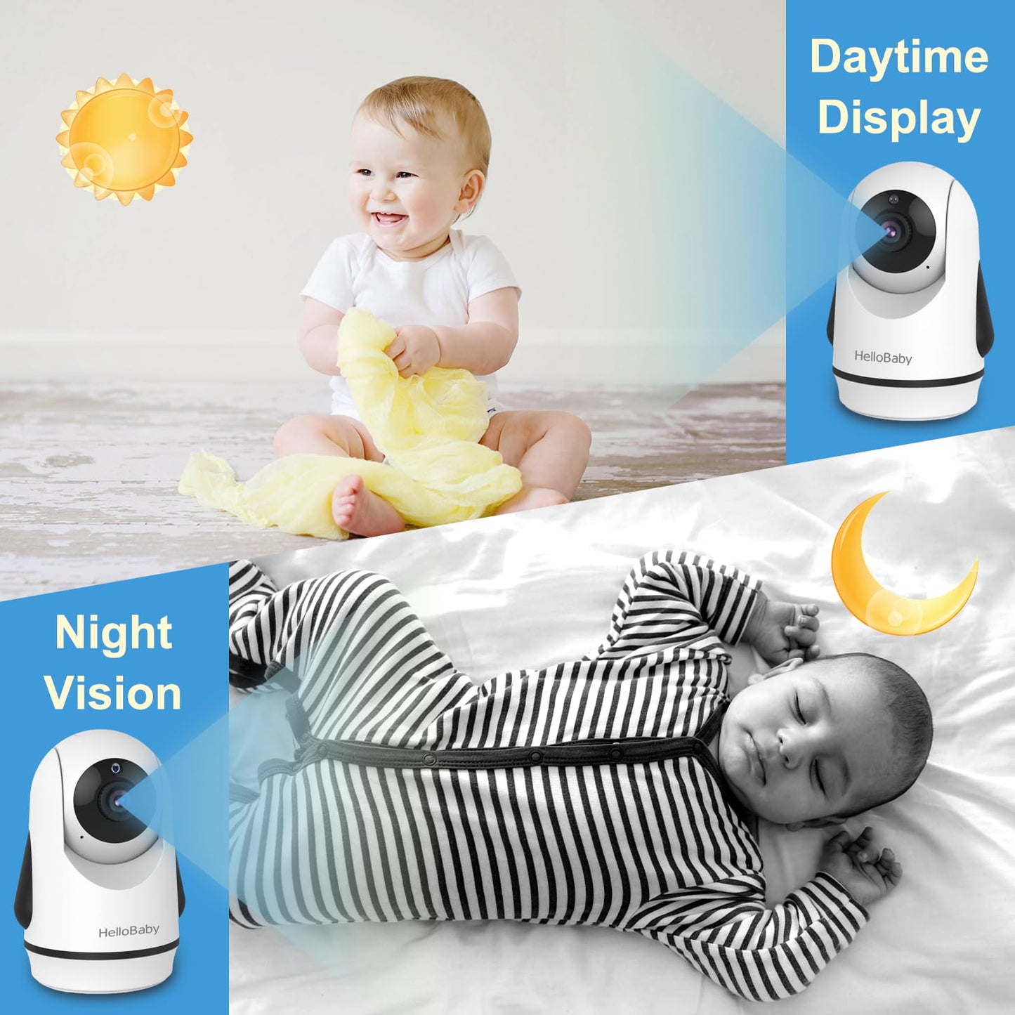 Hellobaby Video Baby Monitor With 2 Cameras And 5 Inch Split Screen Display, Remote Control Cameras With Night Vision And Tempra
