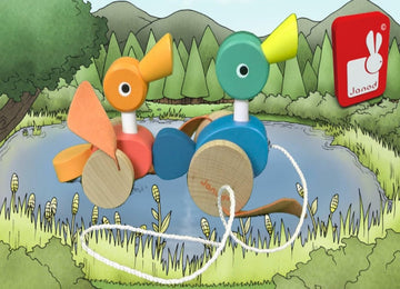 Janod Zigolos Pull Along Duck Family Early Learning and Motor Skills Toy with Flapping Feet Made of Beech and Cherry Wood for Ag