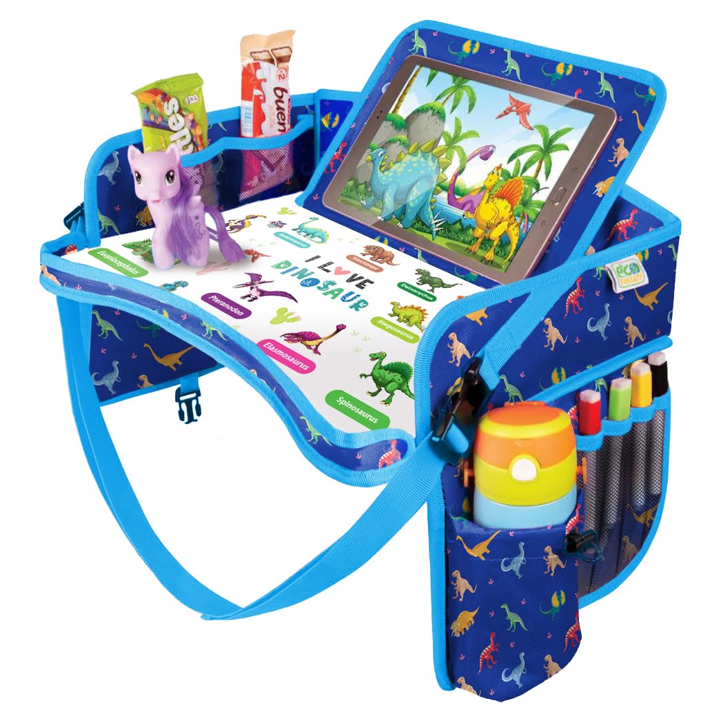 ECOFANTASY Kids Travel Tray - Waterproof Car Table with No-Drop Large Tablet Holder - Car Seat Tray - Road Trip Must Haves - Lap