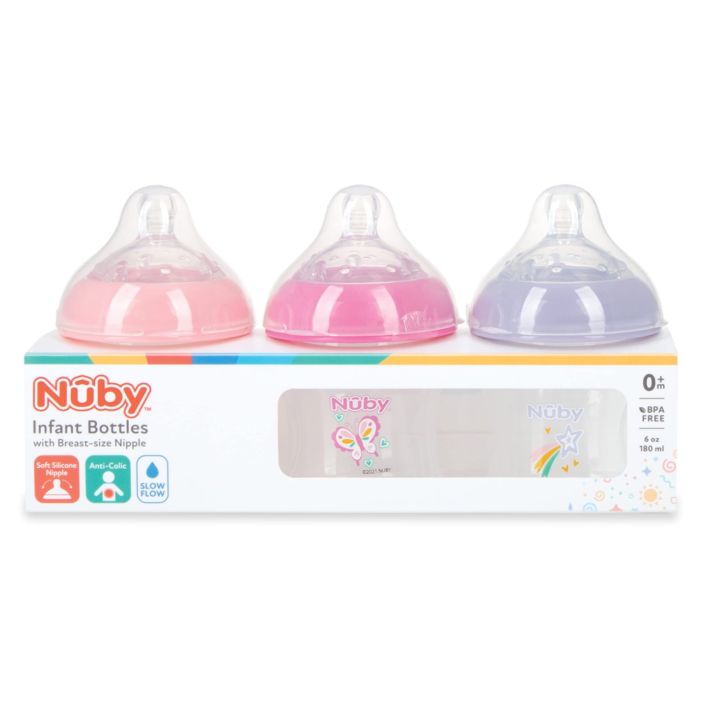 Nuby 3-Pack Infant Feeding Bottles With Slow Flow Breast Size Silicone Nipple: 0+ Months, 6Oz, 3 Pack Set: Delicate Star, Rainbo