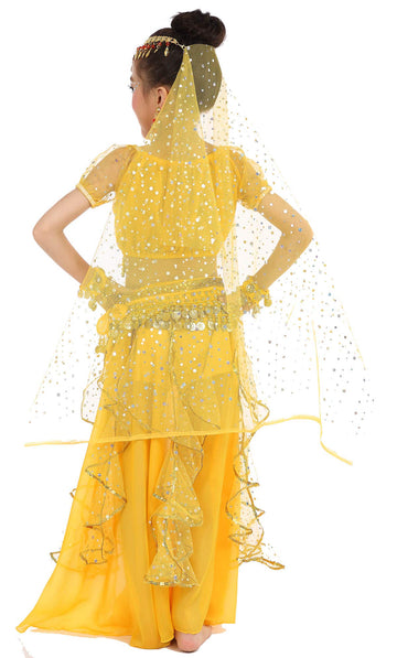 Girls Belly Dance Top Skirt Set Halloween Costume With Head Veil,Waist Chain(Yellow,S)