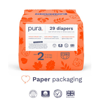Pura Hypoallergenic Diapers Size 2 (7-13 Lbs) Monthly Pack, Totally Chlorine Free, Wetness Indicator, Suitable For Sensitive Ski