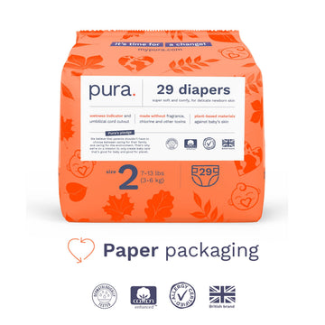 Pura Hypoallergenic Diapers, Size 2 (7-13 Lbs) Totally Chlorine Free, Wetness Indicator, Suitable For Sensitive Skin, Soft Organ