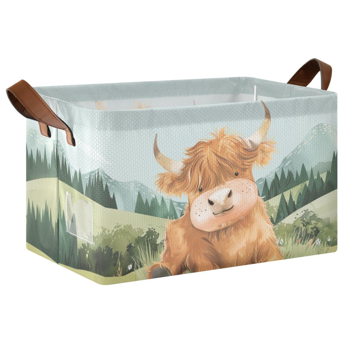 Cute Highland Cow Green Grass Baby Storage Basket with Labels&Handles Rectangular Waterproof Nursery Storage Bins Collapsible Sh