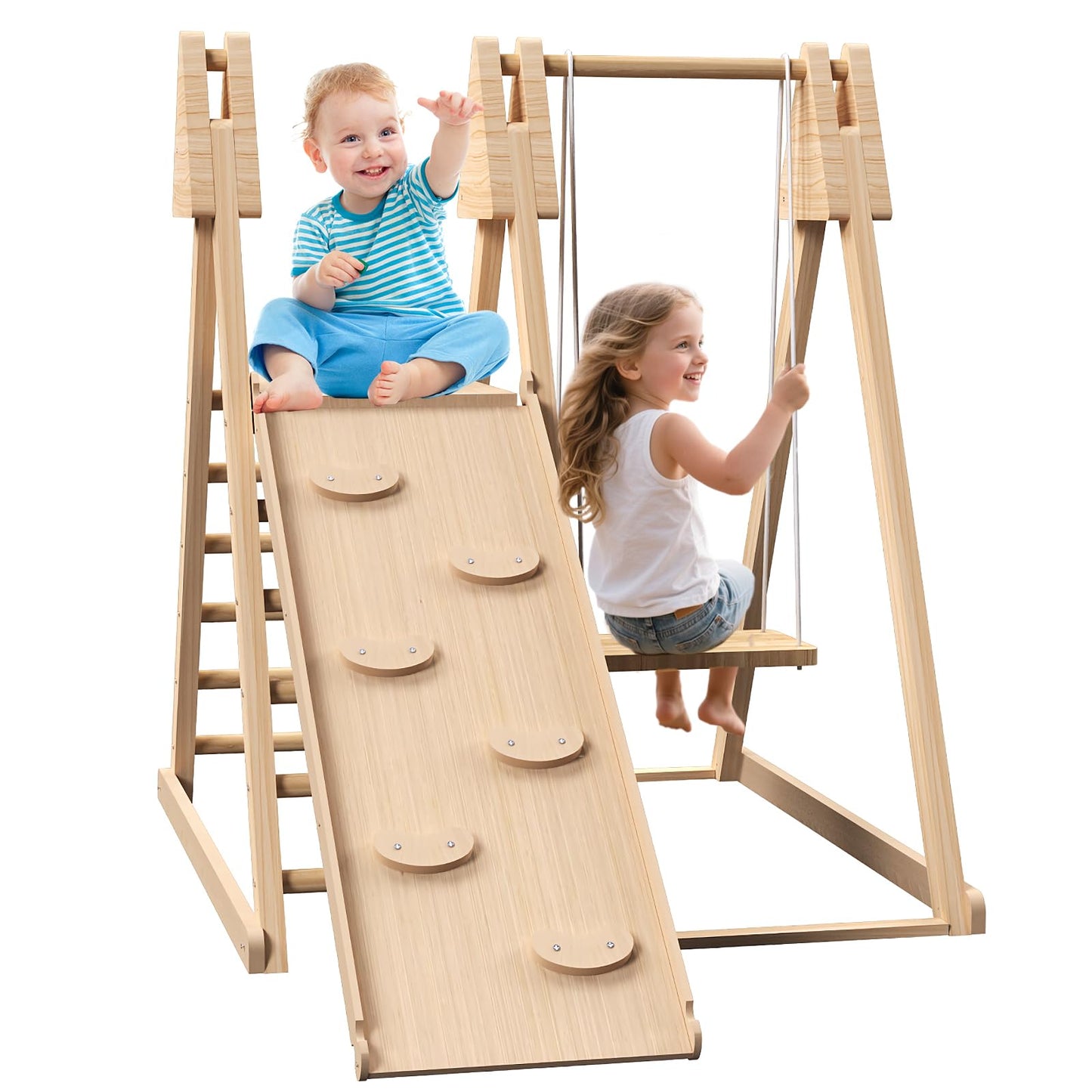 4 in 1 Wooden Jungle Gym with Climbing Toys, Stair Slide Swing Set - Outdoor Backyard Playground Equipment Playset for Kids Aged