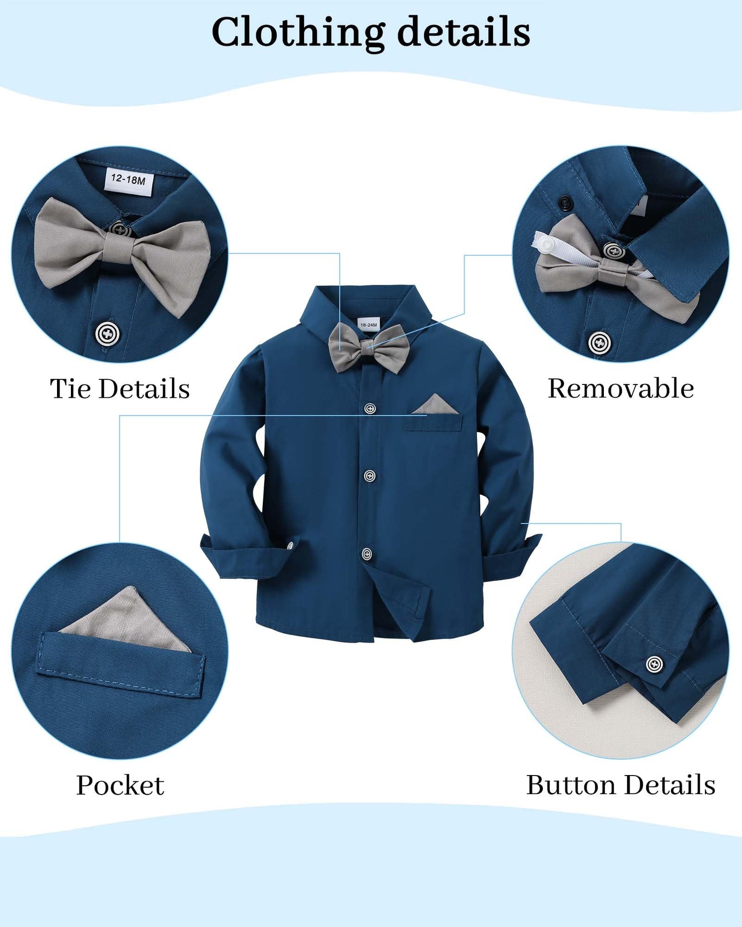 Disaur Toddler Boy Wedding Outfits Long Sleeve Dark Blue Grey Dress Shirt Bow Tie Suspender Pants Baptism Outfits For Boys 12 Mo