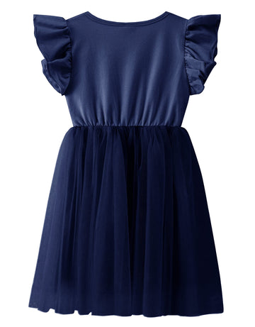 Twkioue Girl Ruffle Sleeve Dress Crewneck Tutu Tulle Fluffy Solid Color Dresses 817 Navy Blue 130