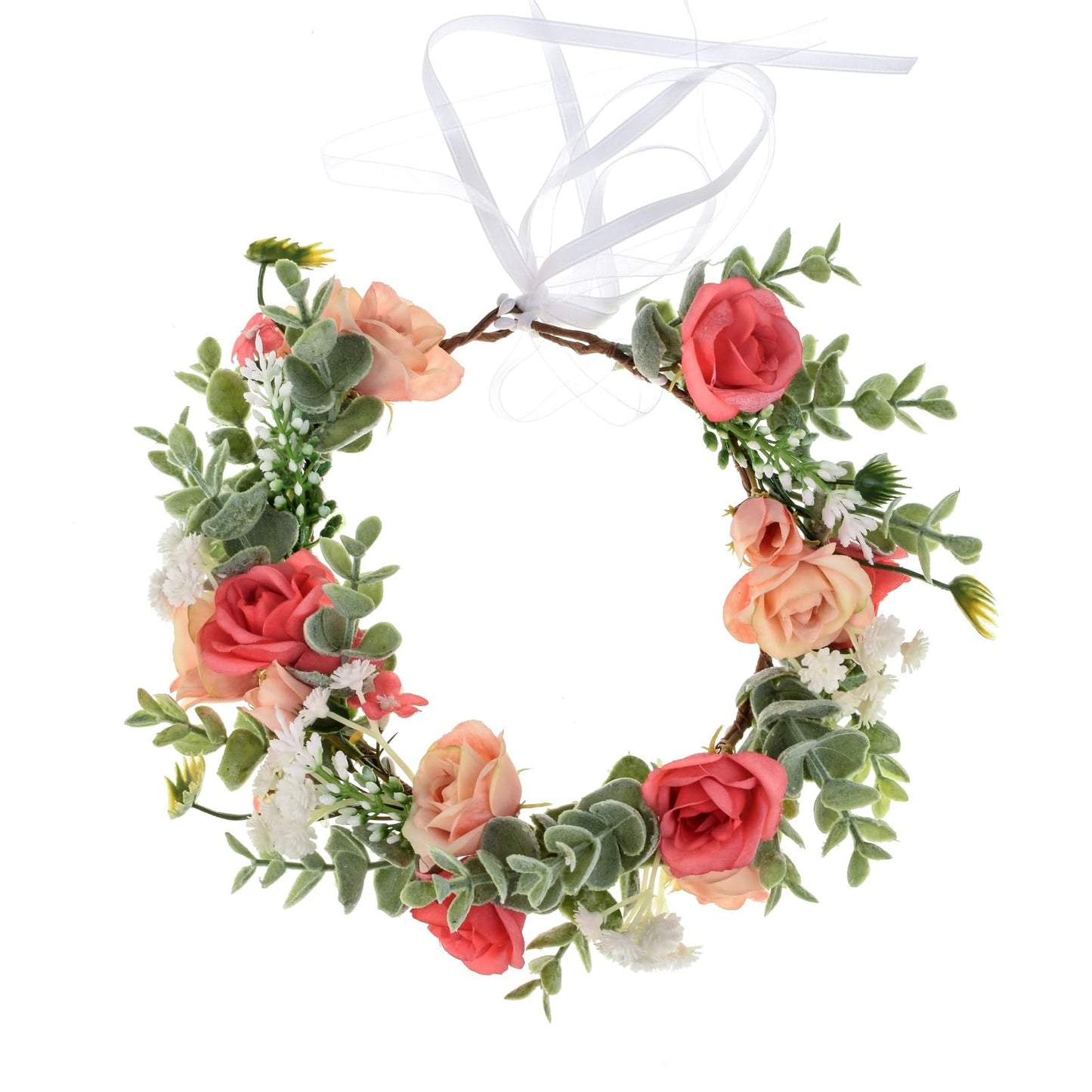 Funsveta Baby Girls Flower Crown Flower Girl Headpiece Boho Little Wreaths For Weddings, Family Photography (Green Leaf And Rose