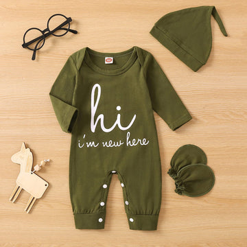 Grnshts Newborn Baby Boy Romper Coming Home Outfits Letter Print Bodysuit Jumpsuit+Hat+Gloves 3Pcs Clothes Set (Army Green, Newb