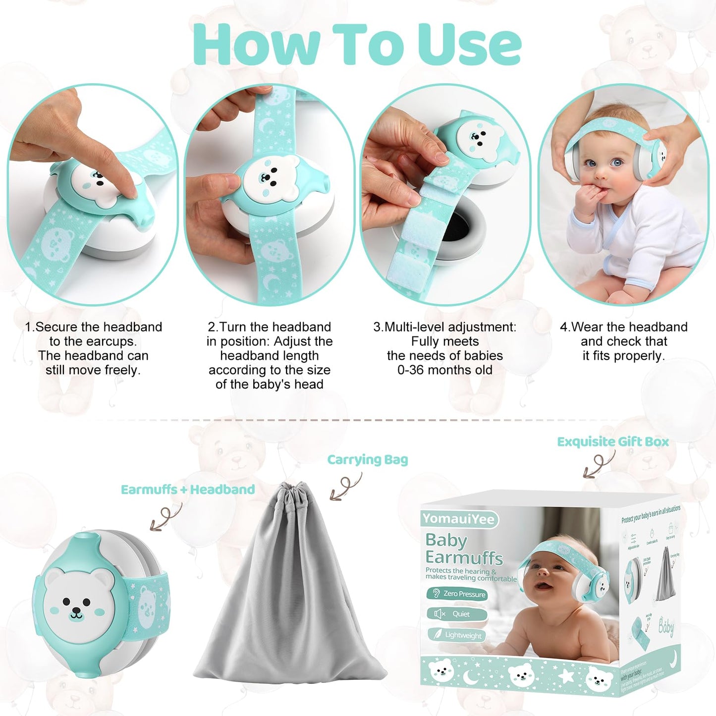 Yomauiyee Baby Headphones,Bear Baby Ear Protection Noise Cancelling Headphones For Infants 0-36 Months,Baby Travel Essentials Wi