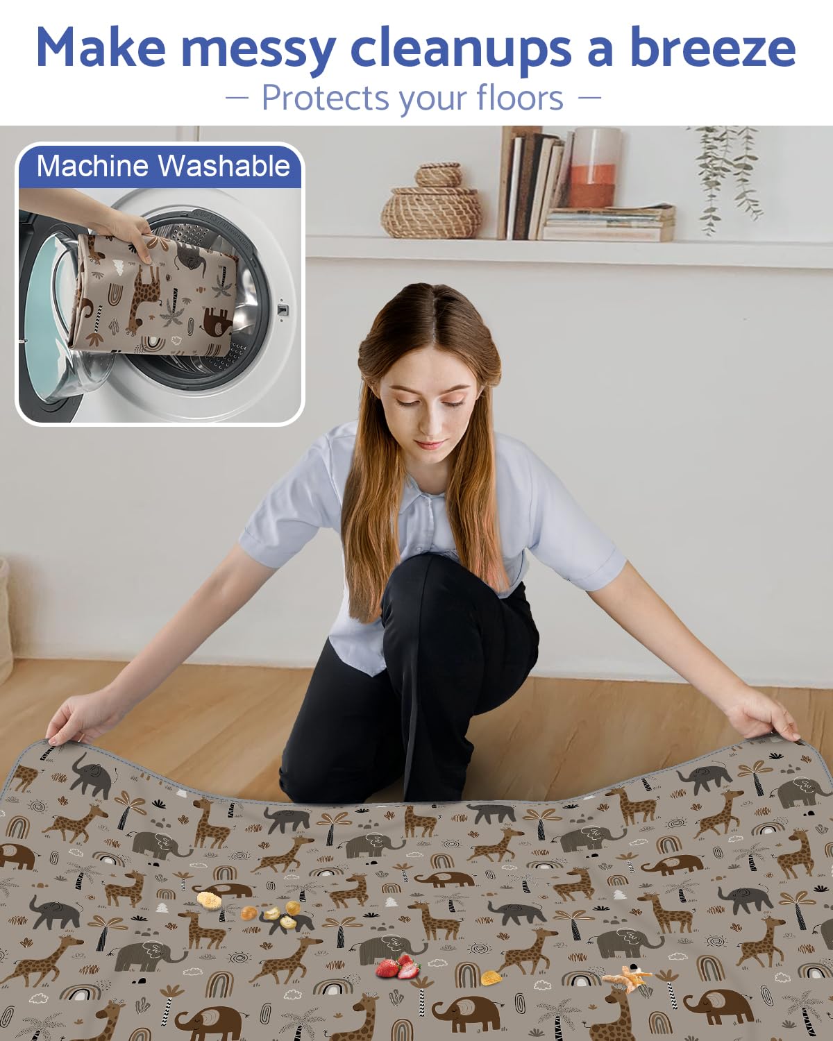 Baby Splat Mat For Under High Chair, 51 X 51 Inch Splash Mat, Waterproof And Washable Spill Mat, Anti-Slip Floor Protector, Elep