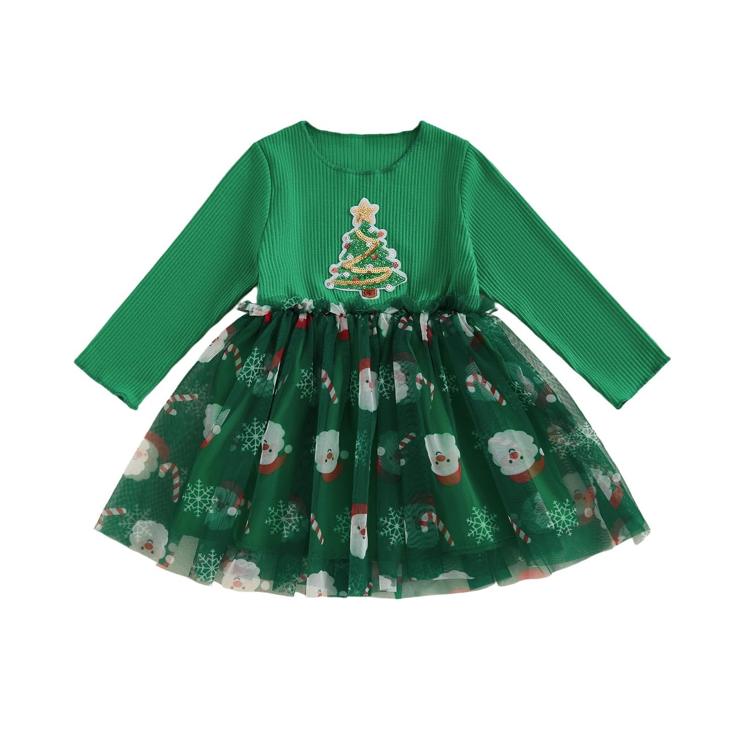 Toddler Baby Girl Clothes Christmas Dress Sequin Santa Claus Crew Neck Long Sleeves Tulle Patchwork A Line Dress (A Green, 6-12